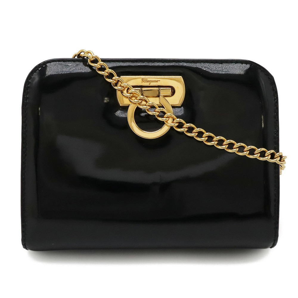 Salvatore Ferragamo Gancini Chain Shoulder Bag Patent Vernis Leather Black